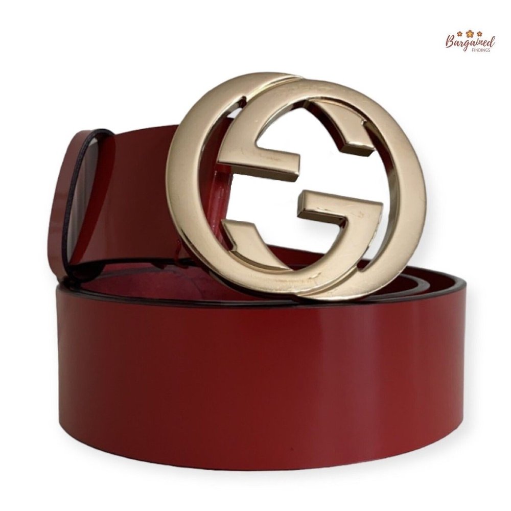 Authentic GUCCI Red Glossy Leather Gold Interlocking G Buckle Belt 80/32
